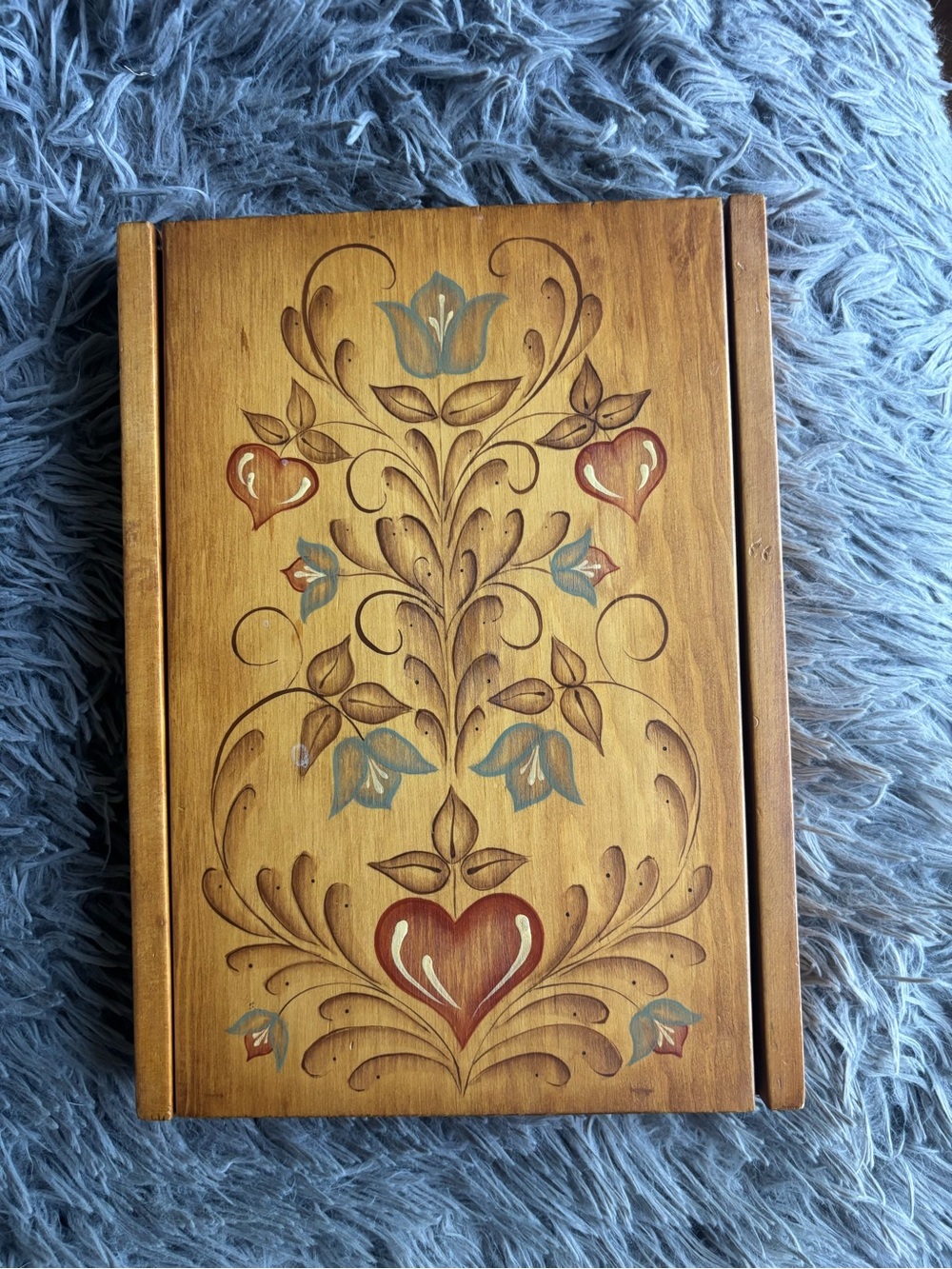 Vintage Hand-Painted Folk Art Wooden Box with Heart Motif